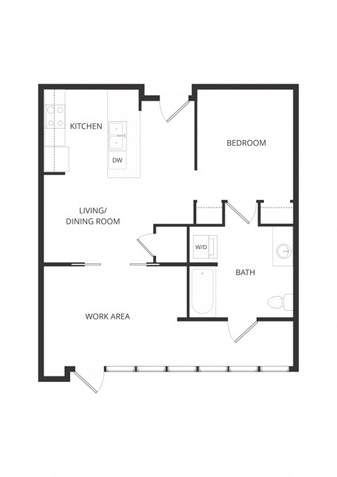 Floor plan for 1 bed, 1 bath, 697 sqft